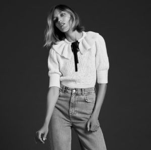 Zara White Knit Crewneck Sweater with Black Ribbon Detail